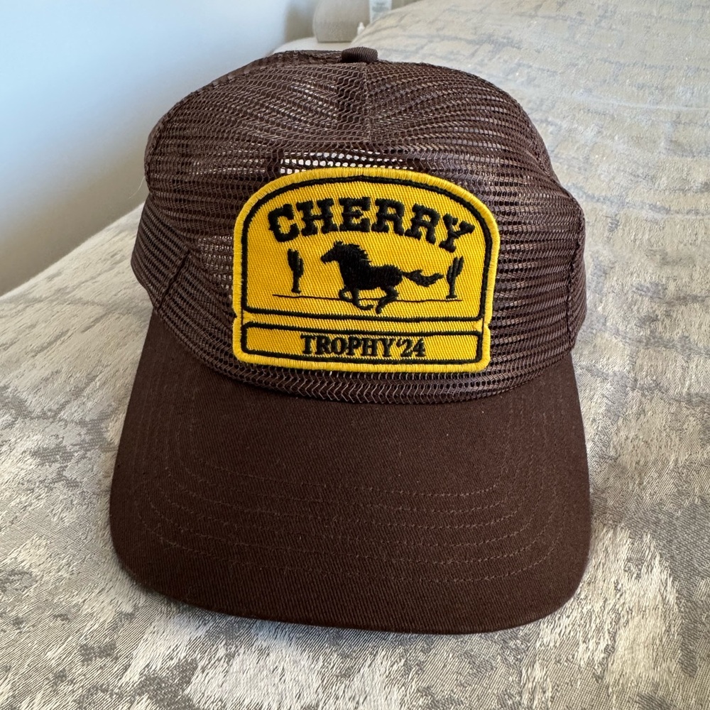 Cherry LA Brown Mesh Trucker Hat with Yellow Patch